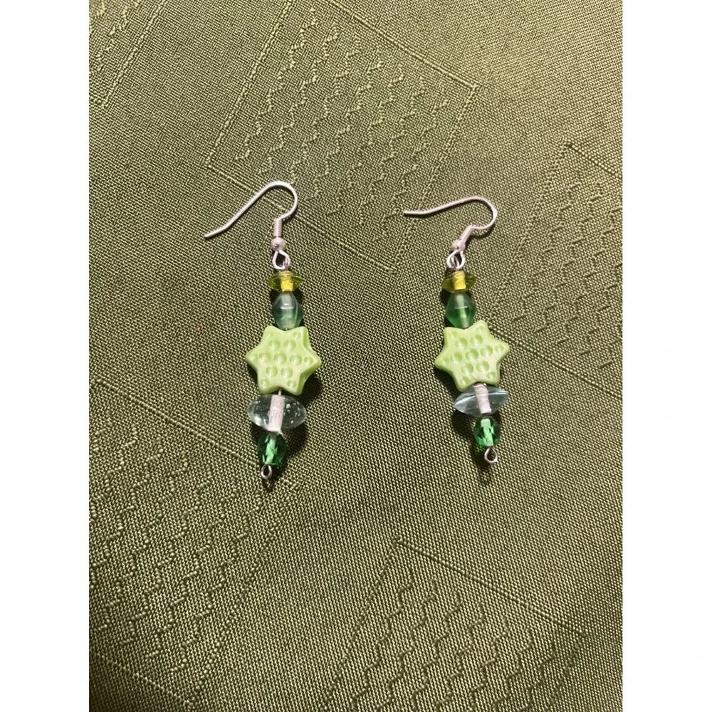 Handmade Beaded Star Drop Earrings Green Yellow Glass Ceramic Dangle Silver Tone